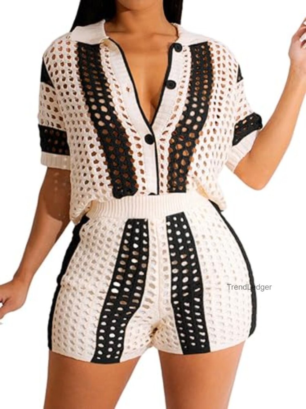 2 Piece Crochet Beach Cover Up Set Button Down Shirt Elastic Waist Shorts